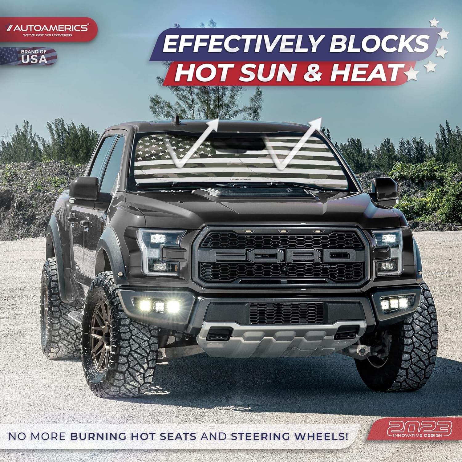 Autoamerics 1-Piece Windshield Sun Shade Green Camo American Flag USA  - Foldable Car Front Window Sunshade for Most Sedans SUV Truck - Blocks Max UV Rays and Keeps Your Vehicle Cool - Small