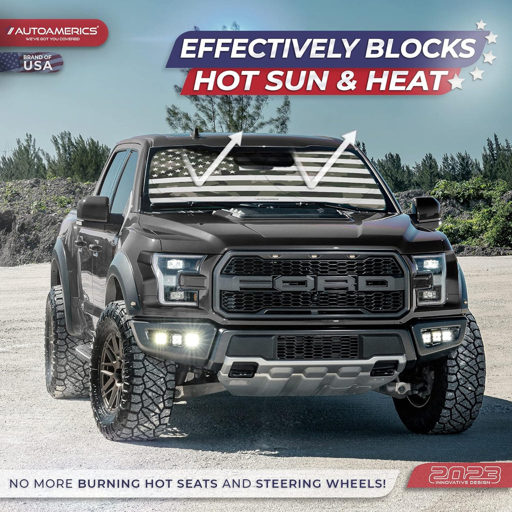 Autoamerics 1-Piece Windshield Sun Shade Green Camo American Flag USA  - Foldable Car Front Window Sunshade for Most Sedans SUV Truck - Blocks Max UV Rays and Keeps Your Vehicle Cool - Large