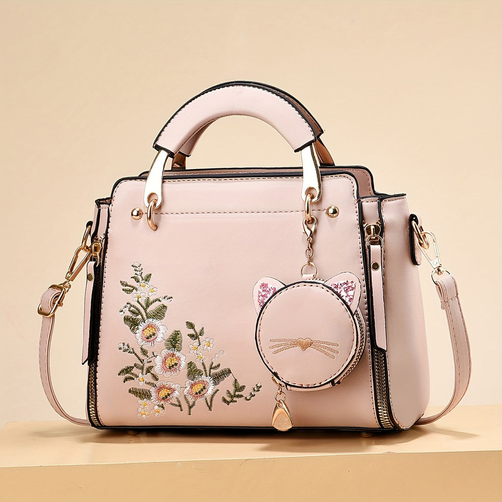 Letter Decor Hand Satchel Bag, Stylish Shoulder Zipper Bag With Mini Coin Purse, Crossbody Bag For Work