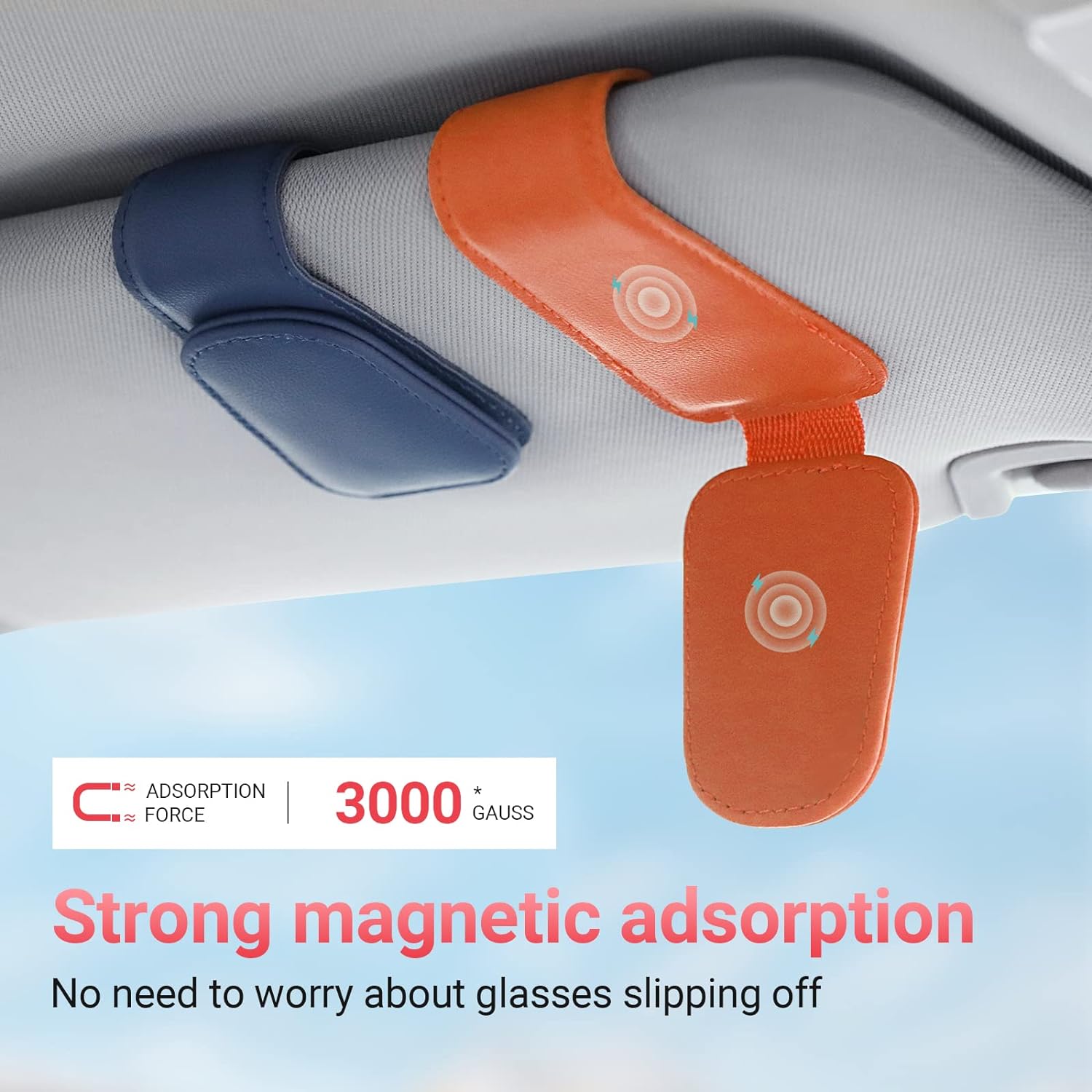Sunglass Holder for Car Visor Sunglasses Clip Magnetic Leather Glasses Eyeglass Holder Truck Car Interior Accessories Universal for Woman Man -Orange