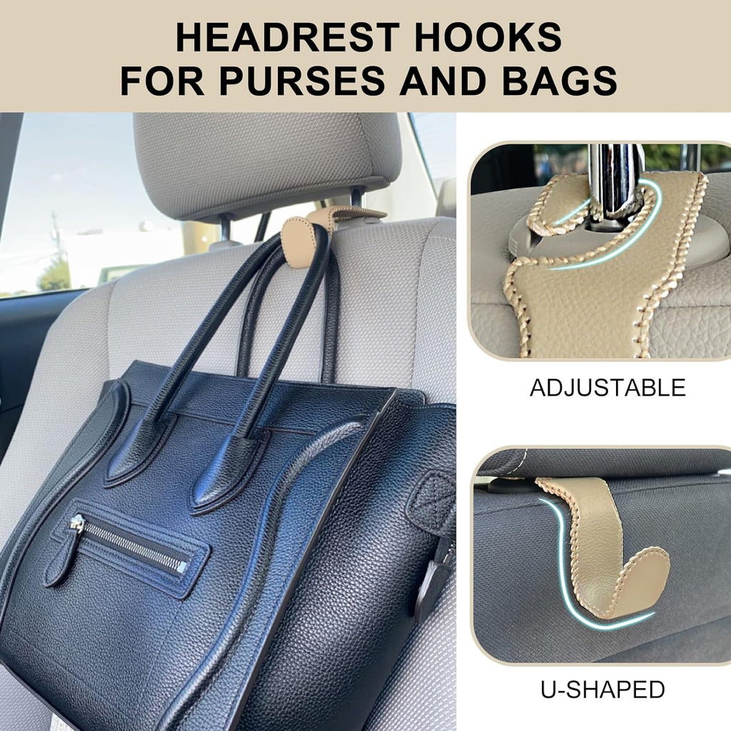 EldHus Seat Hooks for Purses and Bags, 4 Pack Car Purse Holder for Grocery Bag Handbag Clothes, Metal Headrest Hooks Covered by Leather, Beige