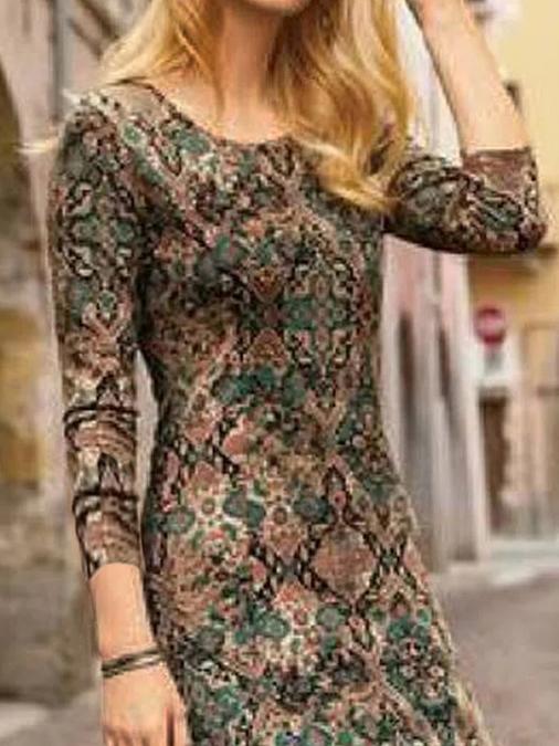 Casual Print Crew Neck Long Sleeves Maxi Dress