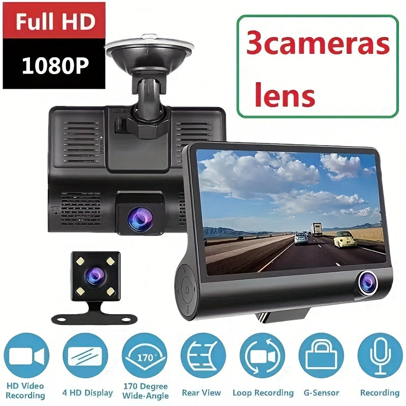 3 Lens Dash Camera, 4'' Touch IPS Screen Car Video Recorder, 1080P +720P+720P