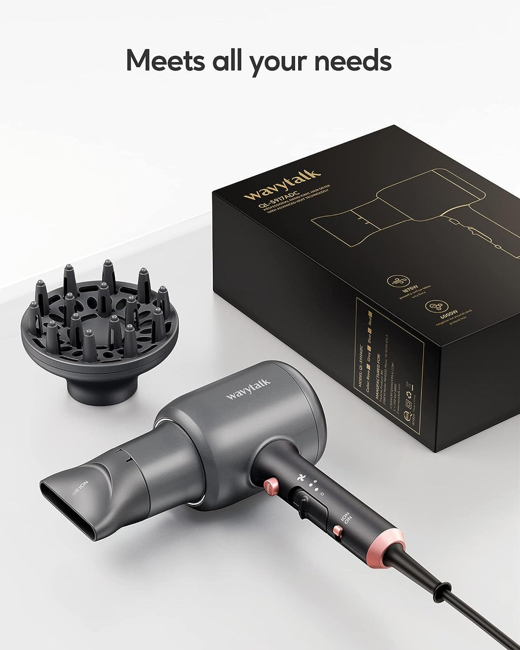 Wavytalk Ionic Hair Blow Dryer with Diffuser for Curly Hair Professional Salon Attachment Diffuser and Concentrator Nozzle for Women Styling Natural