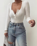 Square Neck Button Front Long Sleeve Top