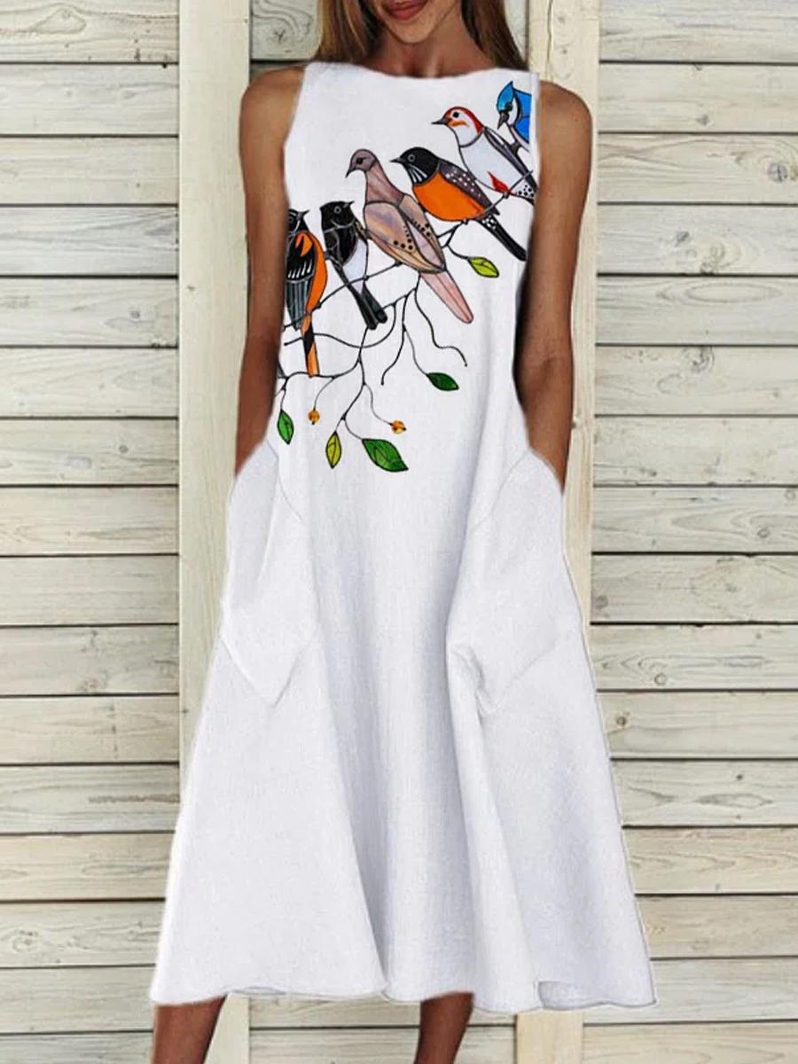 Ladies Round Neck Bird Print Casual Shift Dress