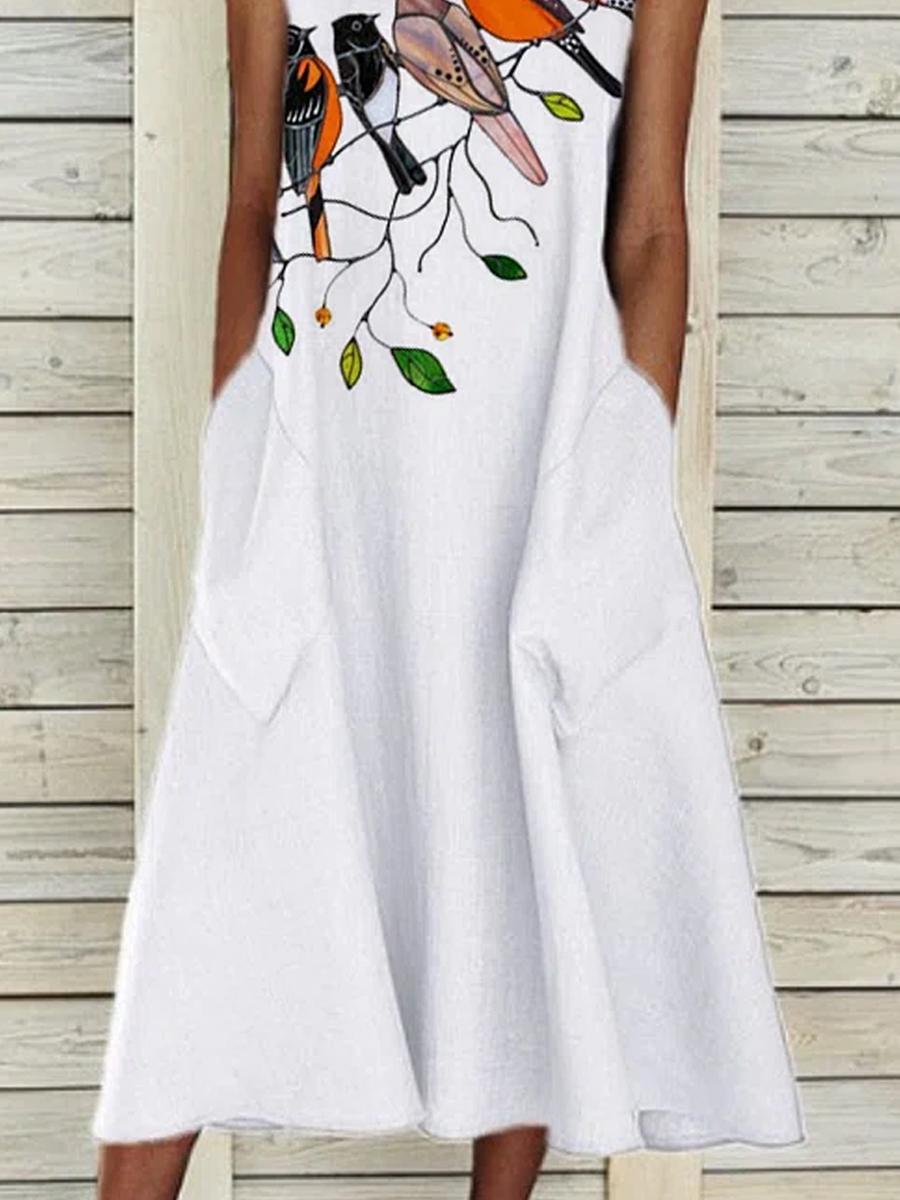 Ladies Round Neck Bird Print Casual Shift Dress
