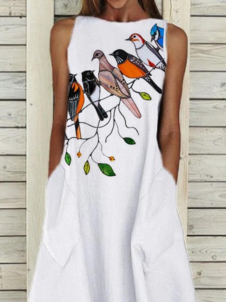 Ladies Round Neck Bird Print Casual Shift Dress