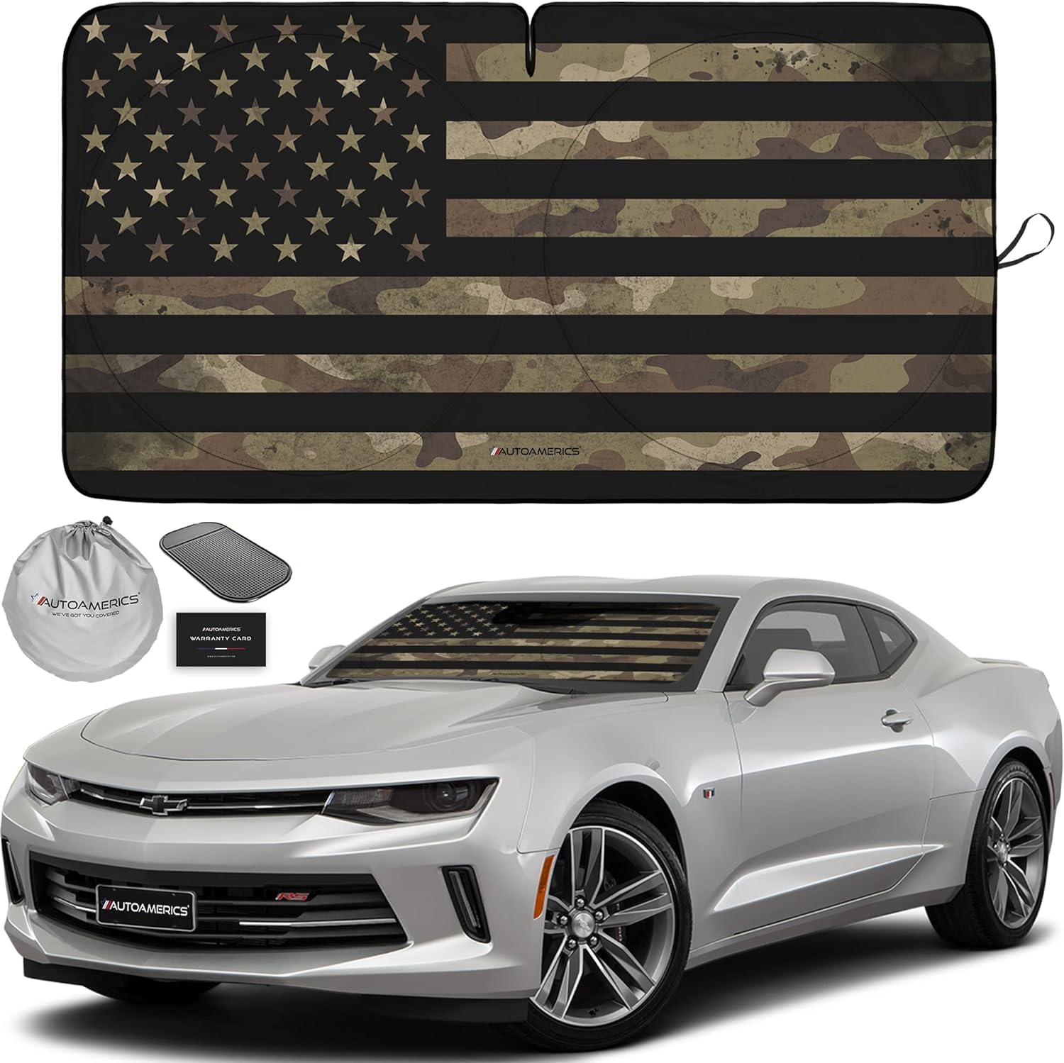 Autoamerics 1-Piece Windshield Sun Shade Dark Camo American Flag USA  - Foldable Car Front Window Sunshade for Most Sedans SUV Truck - Blocks Max UV Rays and Keeps Your Vehicle Cool - Small