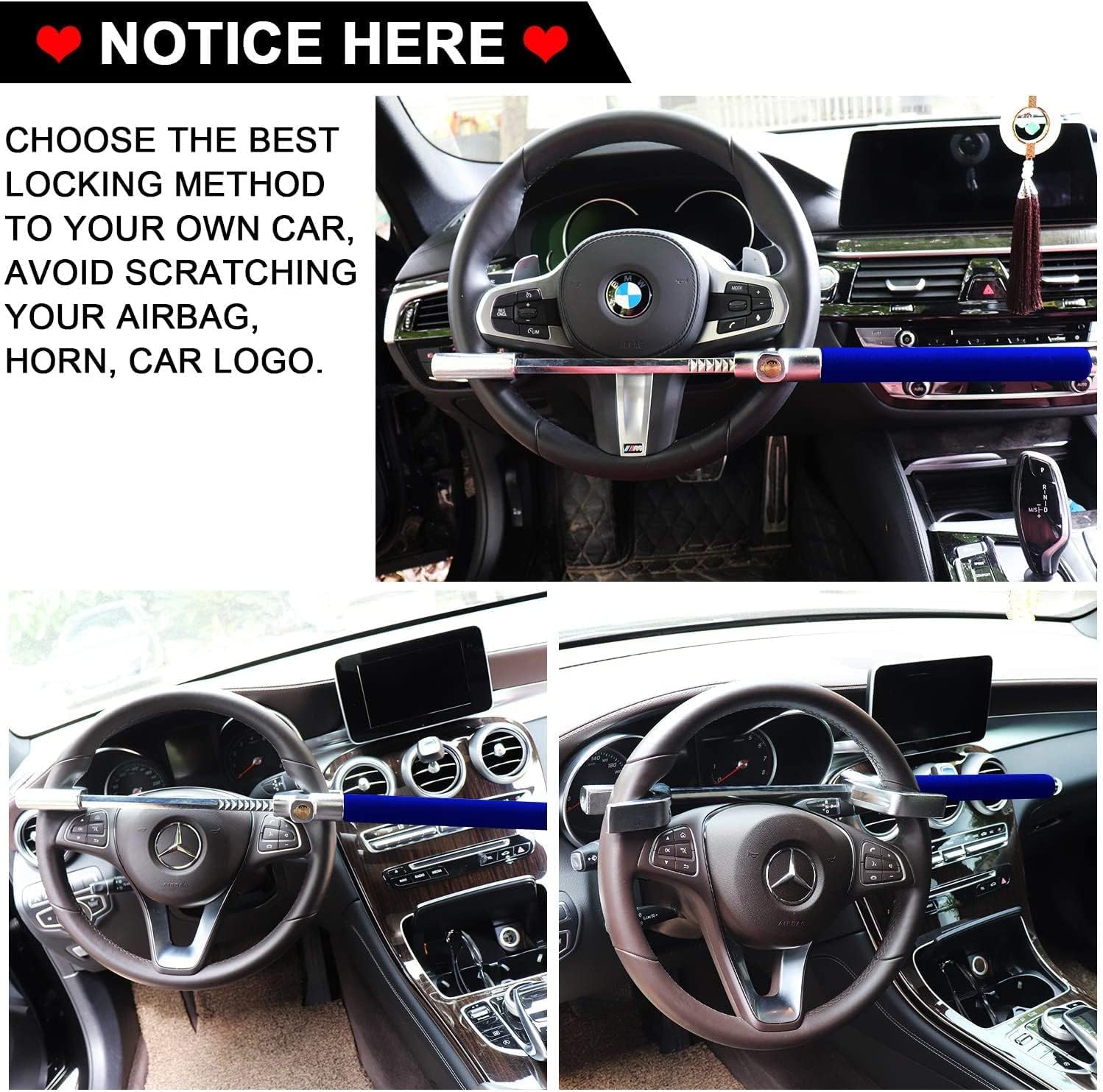 Tevlaphee Steering Wheel Lock Anti Theft Car Device Universal Car Theft Prevention Car Lock Adjustable Length Universal Fit Emergency Hammer Window Breaker Self Defense Heavy Duty Secure(Blue)