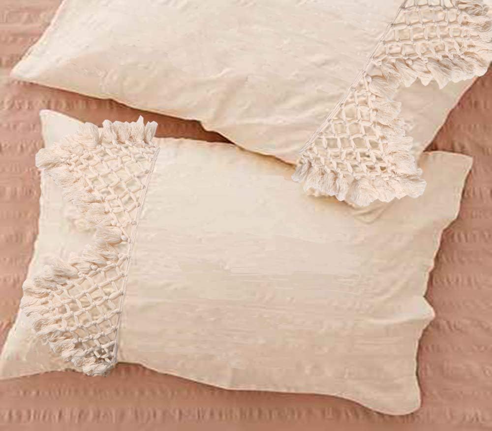 Flber Tufted Tassel Duvet Cover Lattice Boho Bedding,Full Queen, 86inx90in