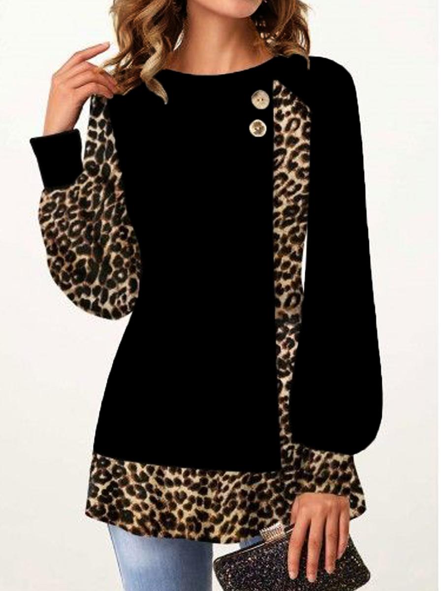 Casual Leopard Print Stitching Long-sleeved T-shirt