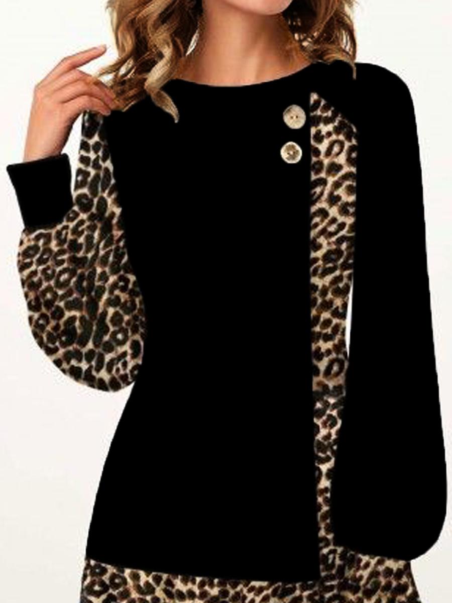 Casual Leopard Print Stitching Long-sleeved T-shirt