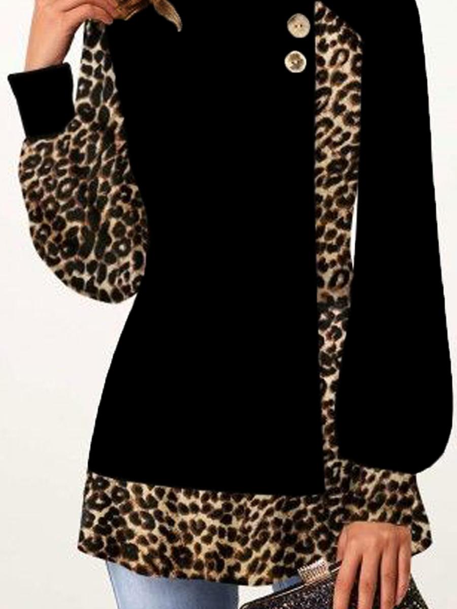 Casual Leopard Print Stitching Long-sleeved T-shirt