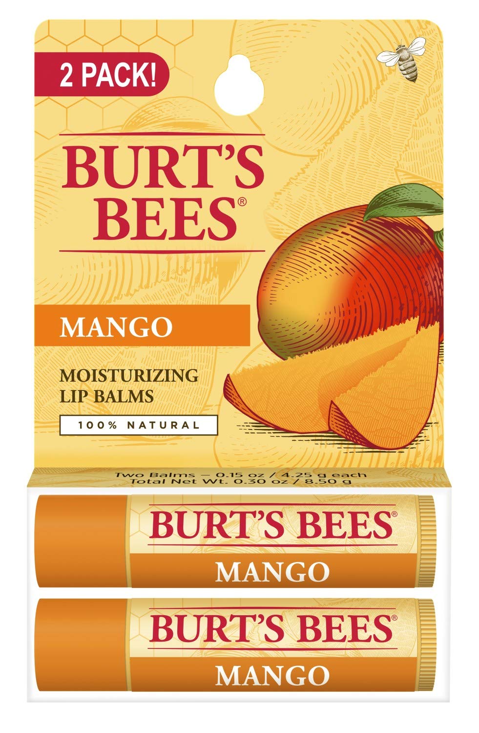 Burt's Bees Lip Balm, Moisturizing Lip Care, for All Day Hydration, 100% Natural, Mango (2 Pack)