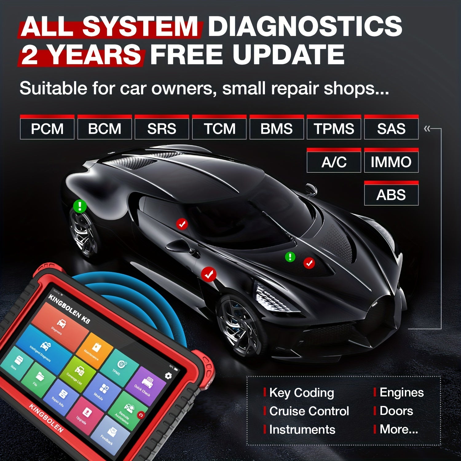 KINGBOLEN K8 Auto Full System Diagnostic Tools 28 Reset Function ECU Coding Bi-directionnal 2 Years Update OBD2 Scanner