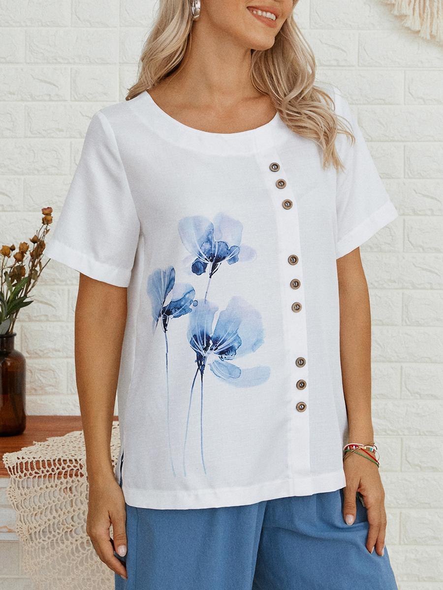 Womens Floral Print Round Neck Short Sleeve Shirt