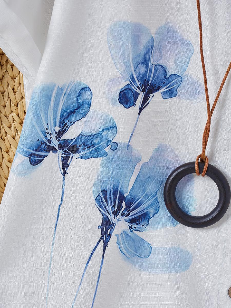 Womens Floral Print Round Neck Short Sleeve Shirt