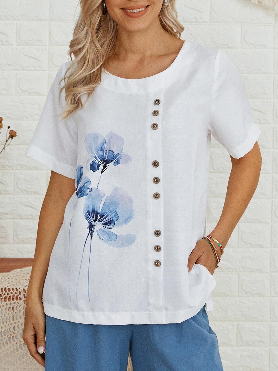 Womens Floral Print Round Neck Short Sleeve Shirt