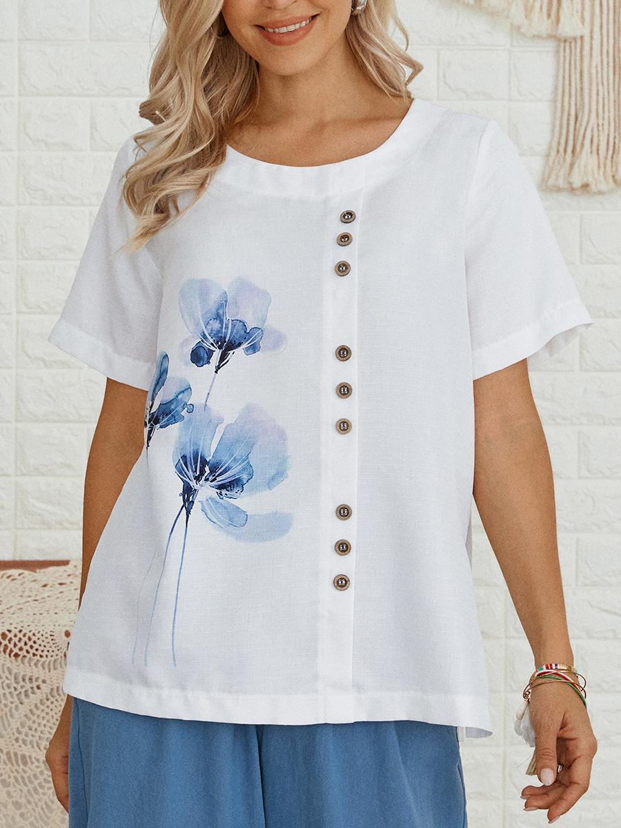 Womens Floral Print Round Neck Short Sleeve Shirt