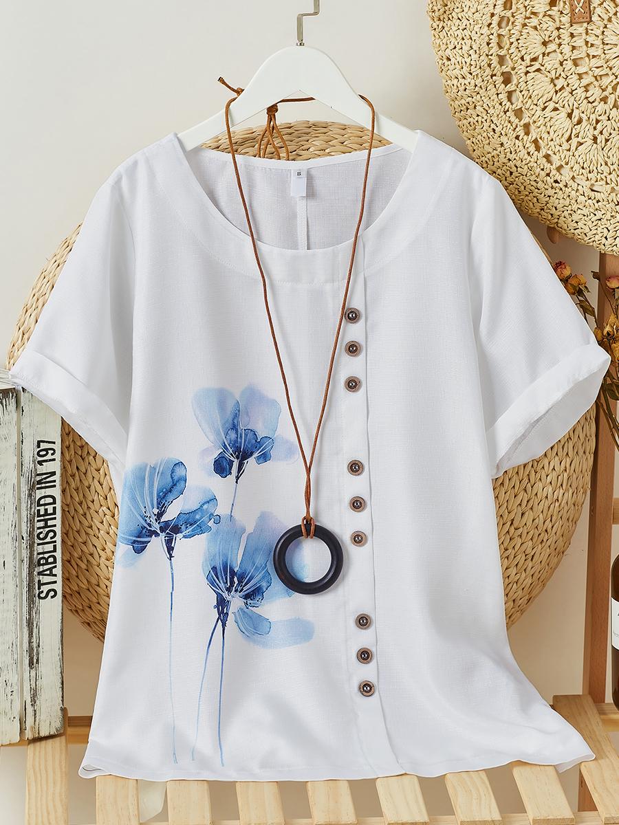 Womens Floral Print Round Neck Short Sleeve Shirt