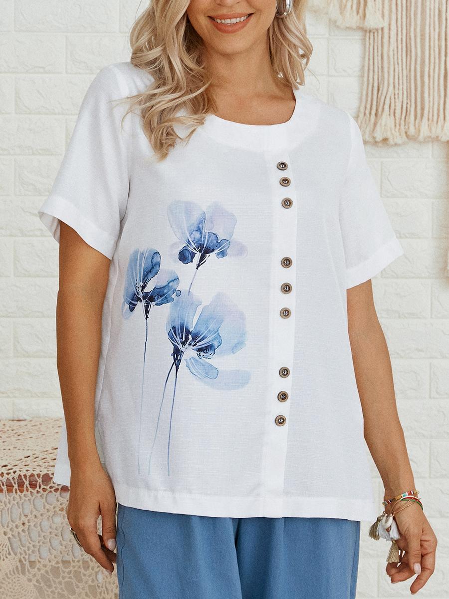 Womens Floral Print Round Neck Short Sleeve Shirt