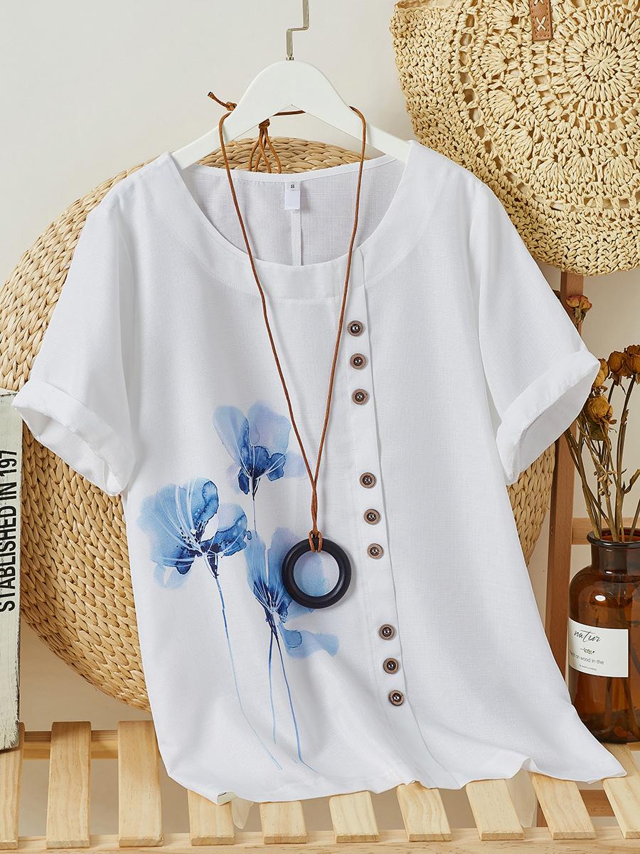 Womens Floral Print Round Neck Short Sleeve Shirt
