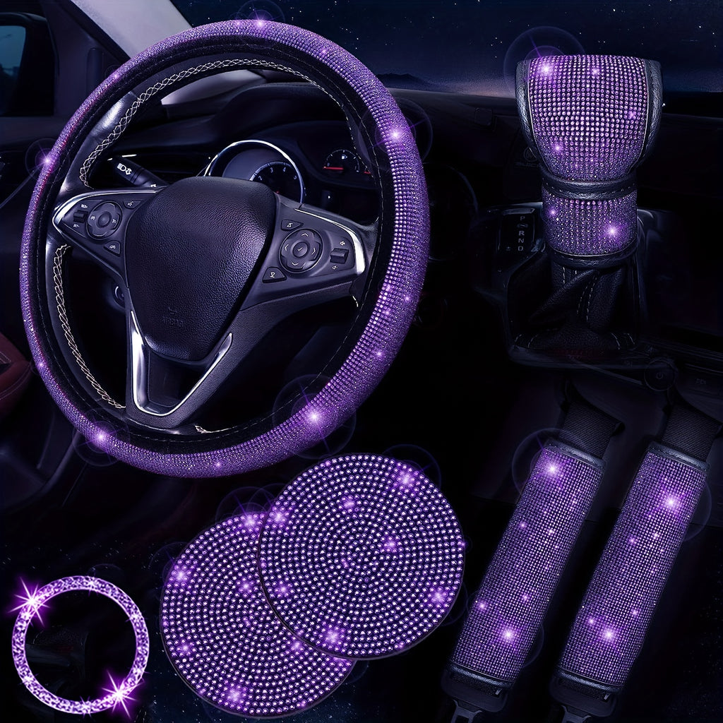 Bling Car Accessories For Women,Bling Steering Wheel Cover Bling Car Coasters Bling Set Seat Belt Shoulder Pads Ring Emblem Sticker Gear Shift Cover