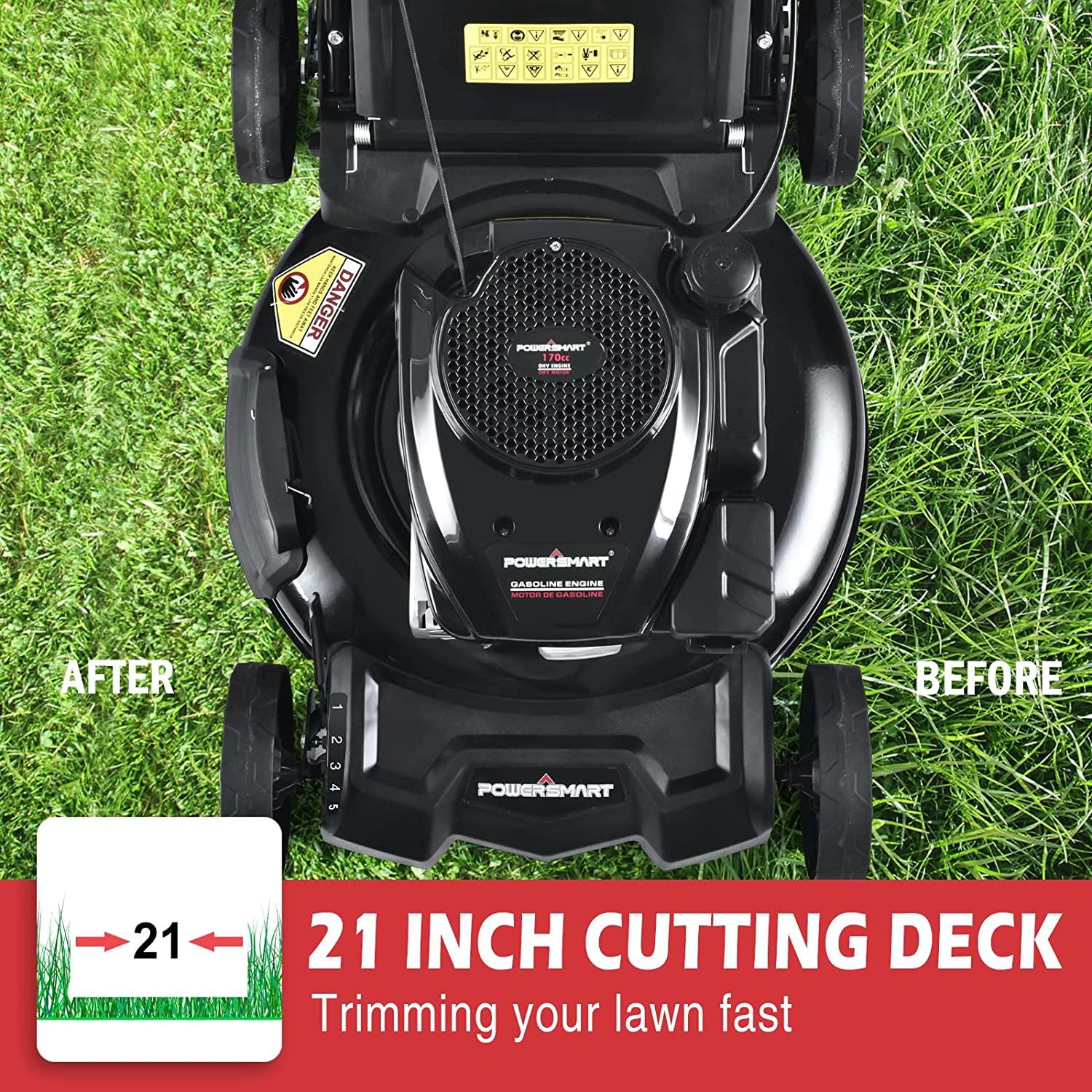 PowerSmart Gas Lawn Mower, 21-inch & 170CC, Gas Powered Push Lawn Mower with 4-Stroke Engine, 2-in-1 Mulching Lawn Mower, 5 Adjustable Cutting Heights (1.18''-3.00'' )