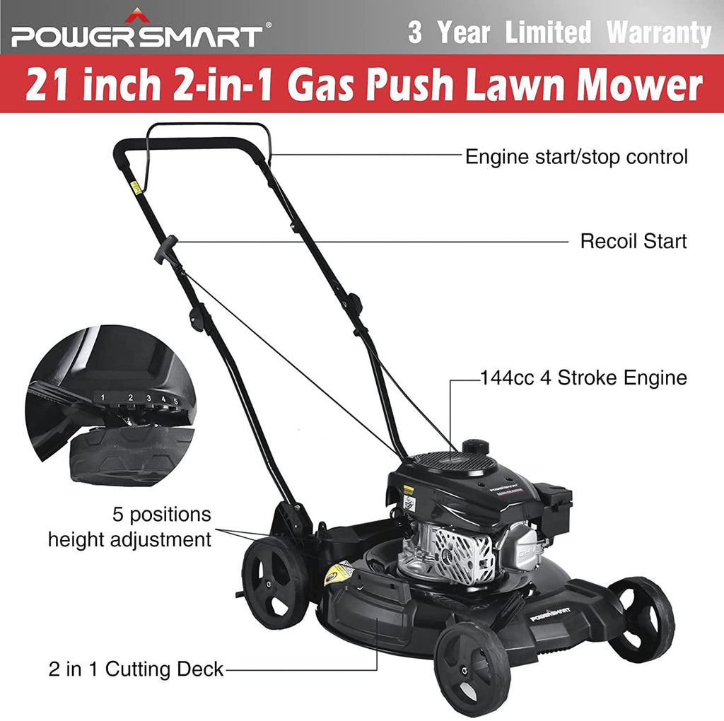PowerSmart Gas Lawn Mower, 21-inch & 170CC, Gas Powered Push Lawn Mower with 4-Stroke Engine, 2-in-1 Mulching Lawn Mower, 5 Adjustable Cutting Heights (1.18''-3.00'' )