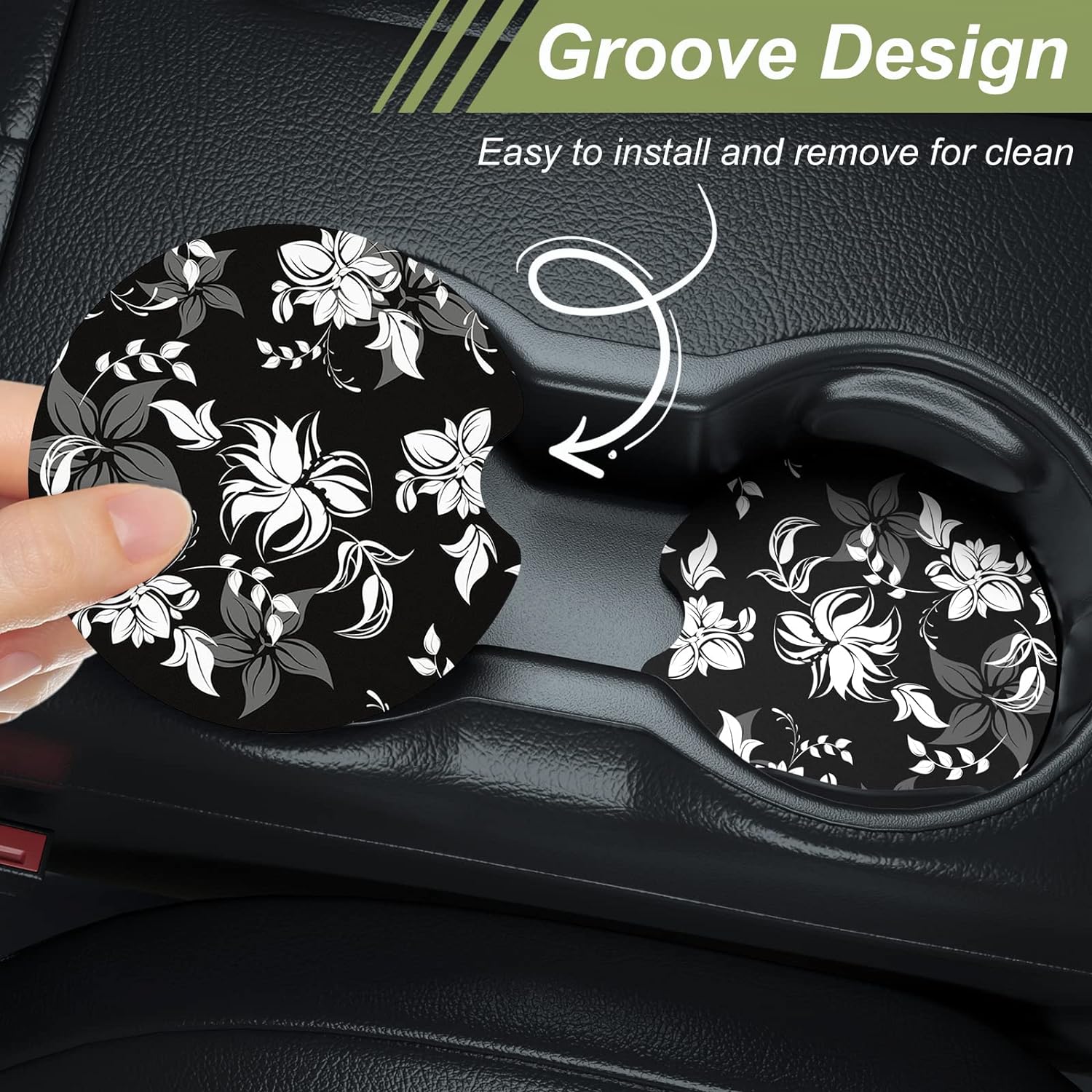 Nipichsha Car Cup Holder Coasters, Car Coasters for Cup Holders, 2 Pack Anti Slip Insert Coasters, Rubber Car Cup Mat with A Finger Notch, Cute Car Interior Accessories for Women Men(Black Flower)