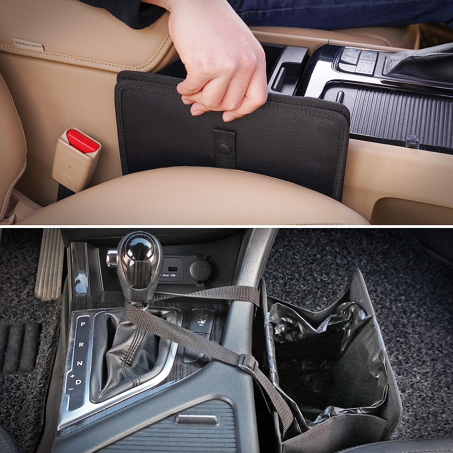 KMMOTORS Car Trash Can, Leather Car Trash Bag Foldable Hanging, Car Trash bin, Cute car Gadgets, Car Garbage Container, Vegan Leather(Medium, Black)