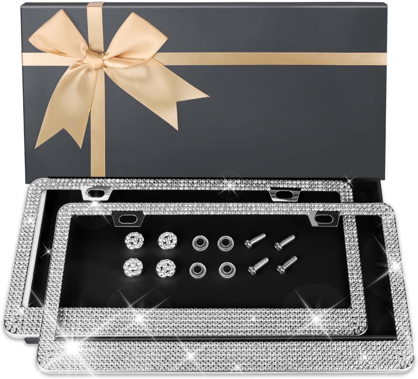 AUJEN Bling License Plate Frame - Sparkly License Plate Holder, Lastingly License Plate Frame for Women, Stainless Steel &amp; Obstruction-Free Car Accessory with Multifaceted Rhinestones, White