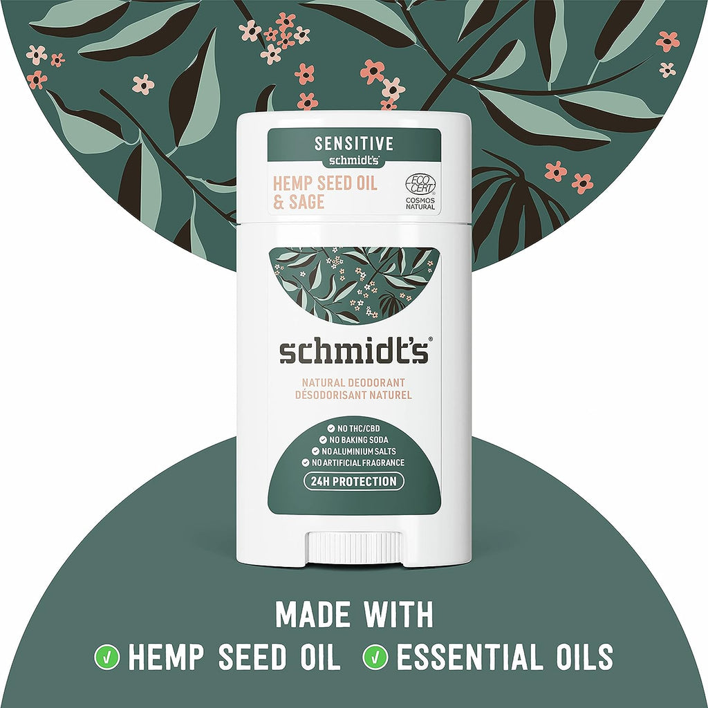 Schmidt's Aluminum Free Natural Deodorant For Women And Men, Hemp Seed Oil &amp; Sage With 24 Hour Odor Protection, Certified Natural, Cruelty Free, Vegan Deodorant 2.65oz 2 Pack