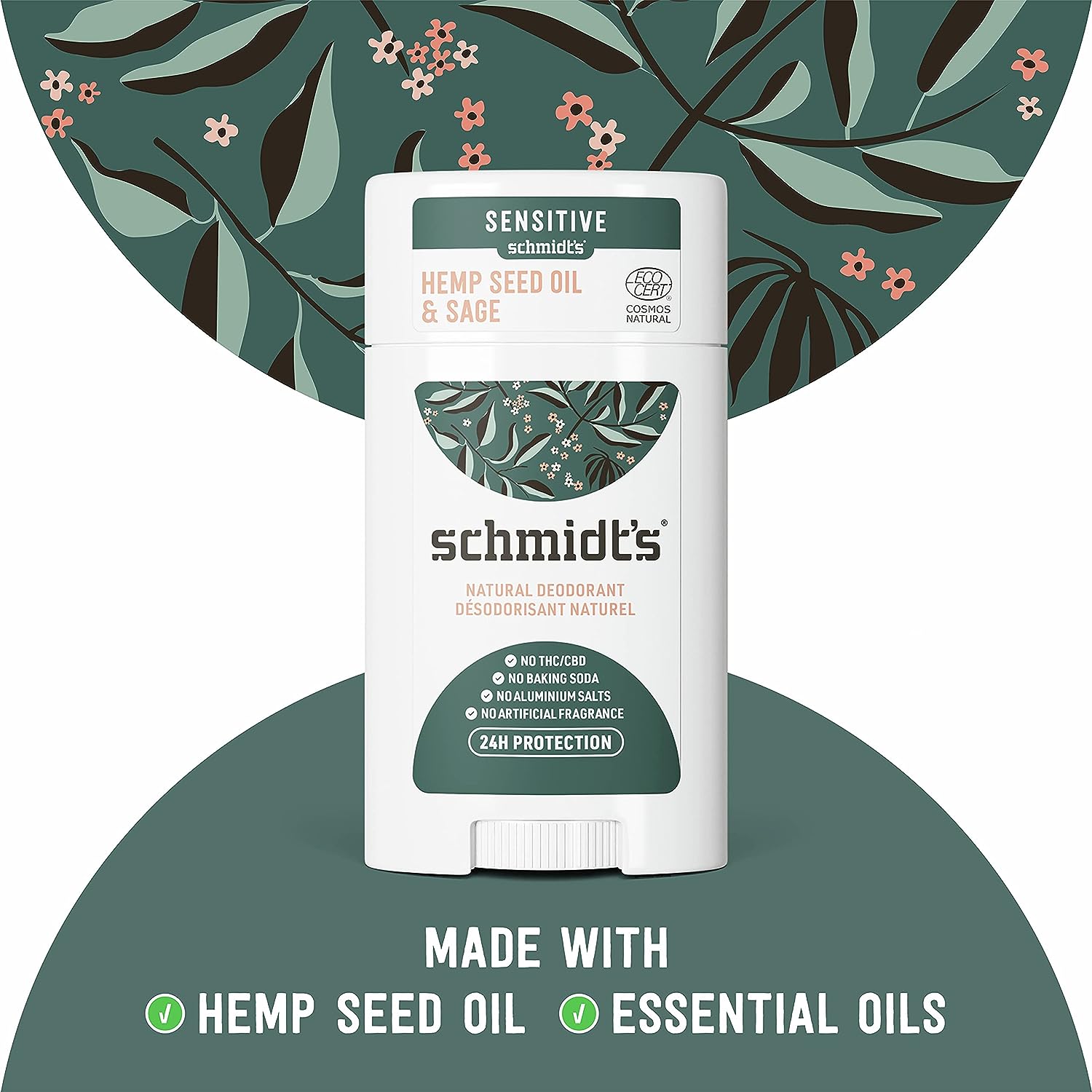 Schmidt's Aluminum Free Natural Deodorant For Women And Men, Hemp Seed Oil &amp; Sage With 24 Hour Odor Protection, Certified Natural, Cruelty Free, Vegan Deodorant 2.65oz 2 Pack