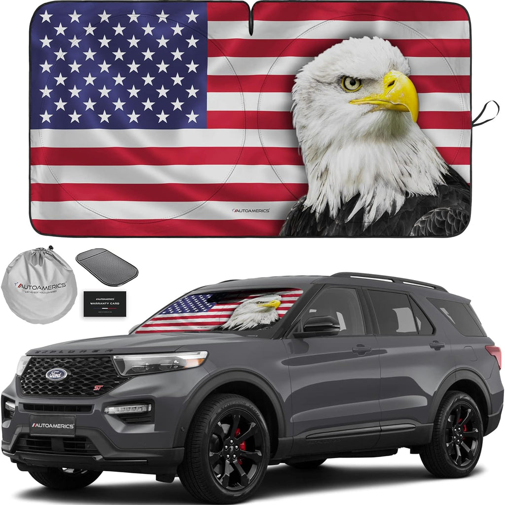 Autoamerics 1-Piece Windshield Sun Shade American Eagle Flag USA Patriotic  - Foldable Car Front Window Sunshade for Sedans SUV Truck - Blocks Max UV Rays and Keeps Your Vehicle Cool Medium