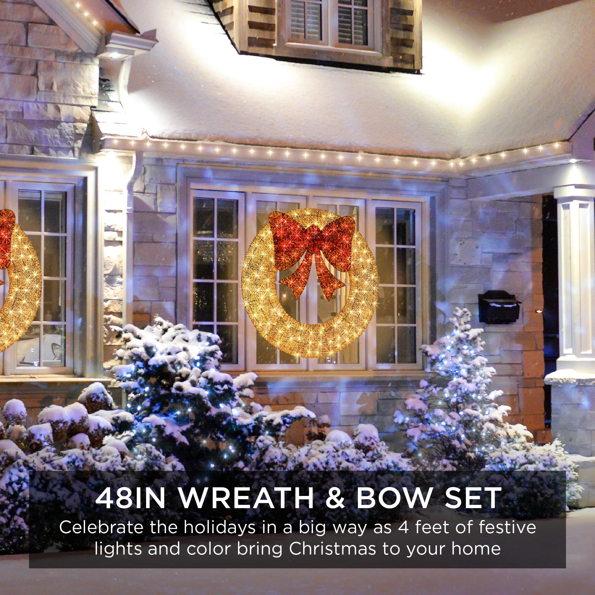 48in Pre-Lit Outdoor Christmas Wreath, LED Metal Holiday Decor w/ 140 Lights, Bow - Gold/Red