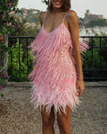 spaghetti strap sequin tassel feather holiday party mini dress