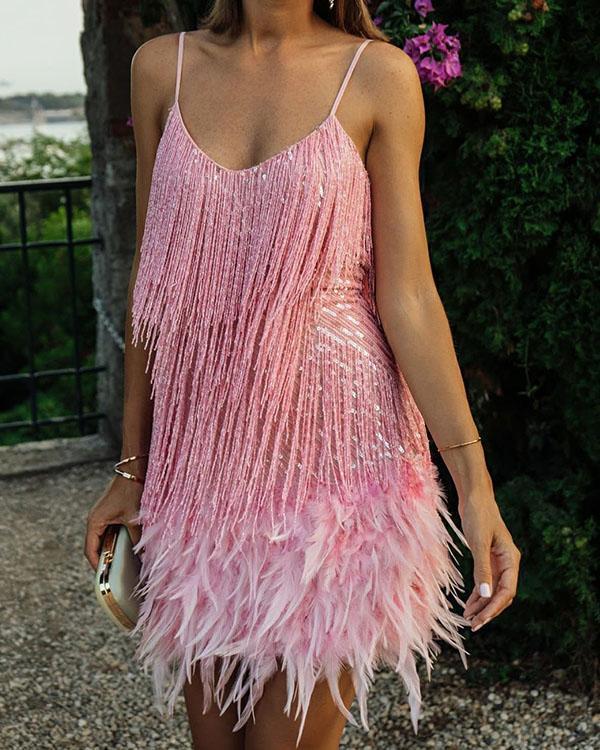 spaghetti strap sequin tassel feather holiday party mini dress