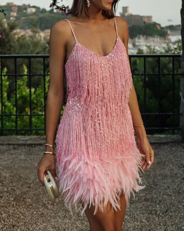 spaghetti strap sequin tassel feather holiday party mini dress
