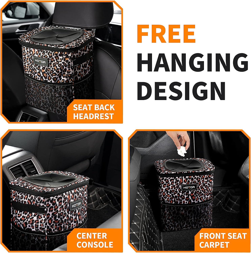 HOTOR Car Trash Can, Multifunctional &amp; Fashionable Car Accessory for Interior Use for Women, Waterproof Car Organizer and Storage Bag with Adjustable Straps, Magnetic Buckles (Leopard-Print Brown)