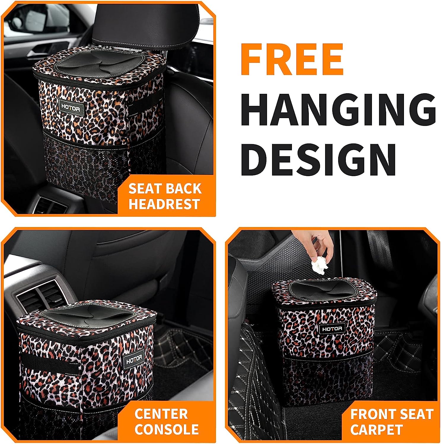 HOTOR Car Trash Can, Multifunctional &amp; Fashionable Car Accessory for Interior Use for Women, Waterproof Car Organizer and Storage Bag with Adjustable Straps, Magnetic Buckles (Leopard-Print Brown)