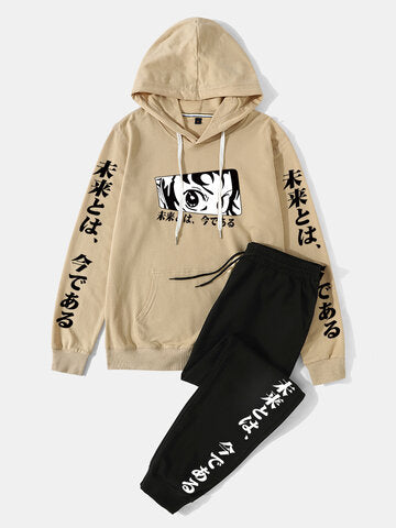 mens japanese anime figure graphic 100% cotton street hoodies two pieces outfits