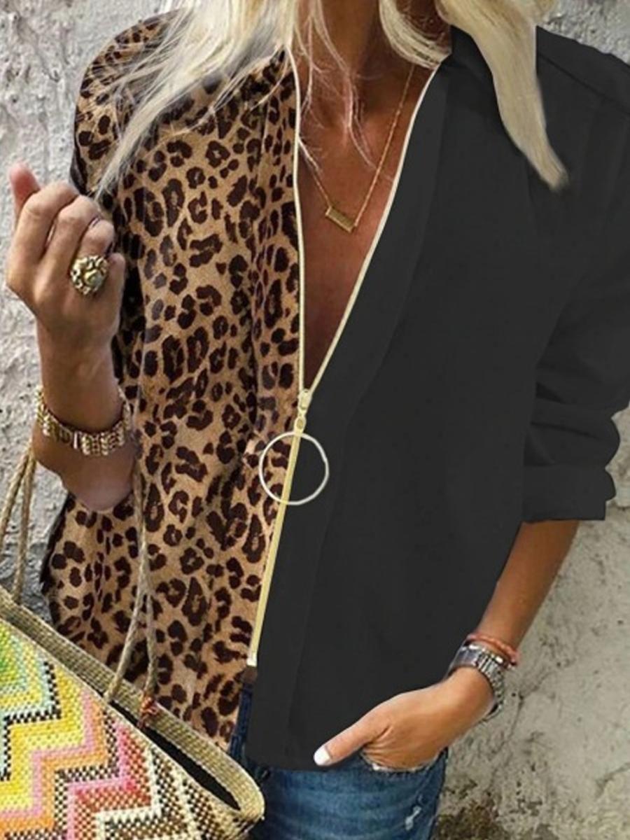 Leopard Splice Zip Collar Long Sleeve Blouse