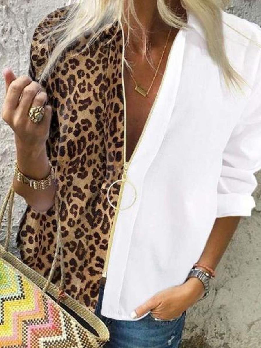 Leopard Splice Zip Collar Long Sleeve Blouse