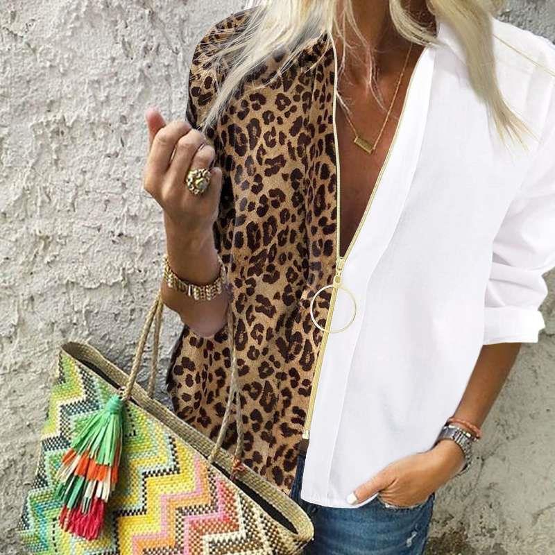 Leopard Splice Zip Collar Long Sleeve Blouse