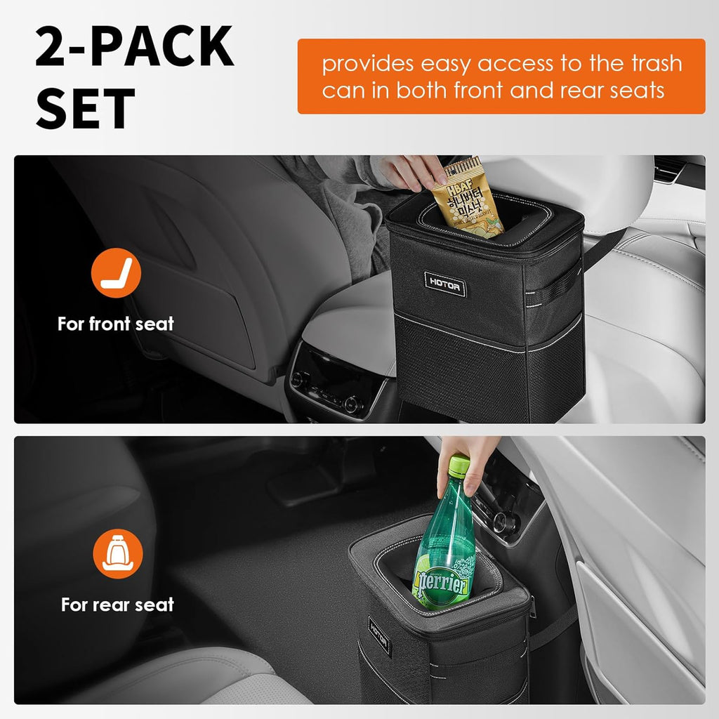 HOTOR Car Trash Can - 2 Pack, Optimal Car Accessories for Interior, Leakproof Car Organizers and Storage Bin for Front &amp; Rear Seats, Car Organizer with Adjustable Straps, Magnetic Snaps,Black