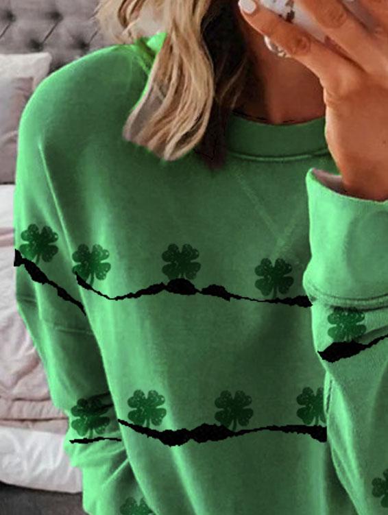 Casual Loose Round Neck Clover Print Long Sleeve T-shirt
