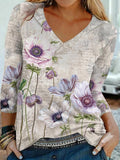 Women's Casual Style Hummingbird Print Long-sleeved V-neck Pullover T-shirt