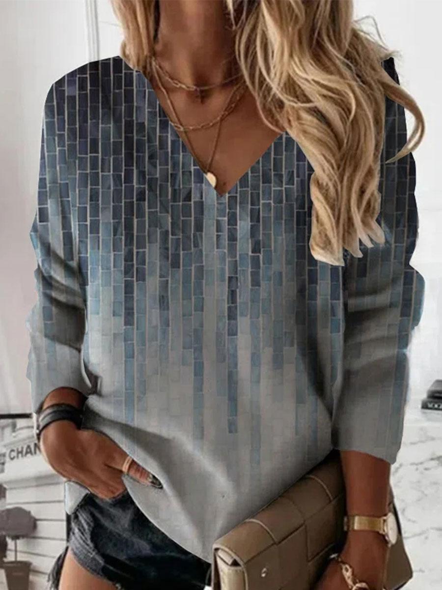 Fashion Textured Printed V-neck Long Sleeve Casual Sweatshirt